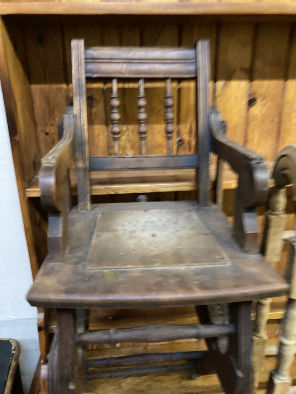 A Victorian towel rail, a primitive childs elbow chair and a metamorphic chair